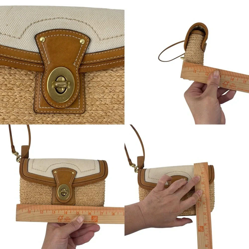 Coach Straw Summertime Clutch Wristlet Bag Natural Leather Trim Turnlock Coastal